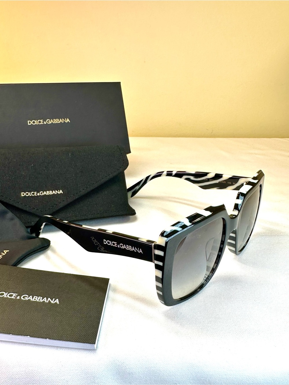 Dolce & Gabbana Sunglasses Square black frame zebra print accents NIB Box, case